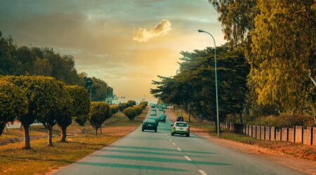 Cars road trees sky sunset